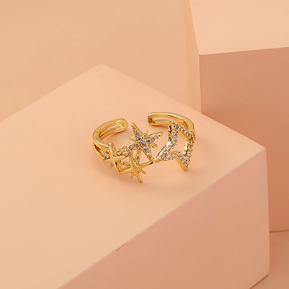 Pentagram Ring Star Studded Adjustable Copper Zircon Electroplated Finish European American Delicate Jewelry Trendy