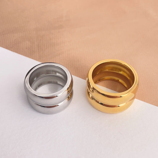 Stainless Steel Thick Ring Geometric Design Tarnish Resistant Durable Gold Color And Steel Color Sizes 6 7 8 9