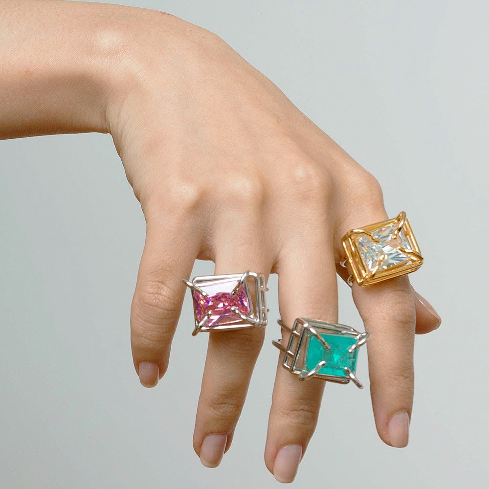 Resin Ring Retro Geometric Ring Metal Edging Large Tilt Square Statement Ring Unique Jewelry 18mm Fashion Ring