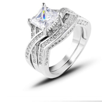 Geometric Zircon Ring Set Two Piece Copper Jewelry For Women Sparkling Elegant Accent Rings Lux Sparkle Finish