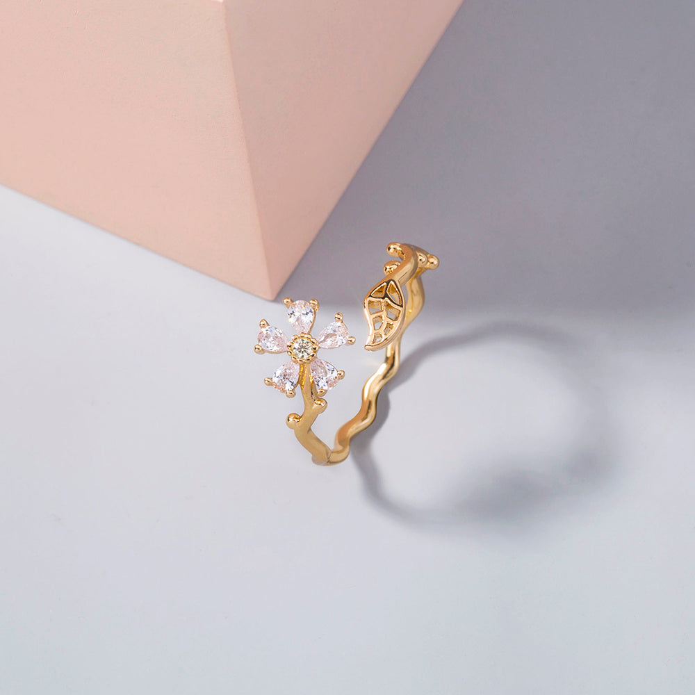 Womens Adjustable Four Leaf Clover Ring Zircon Open Design Electroplated Copper Ring Lucky Jewelry Gift For Her