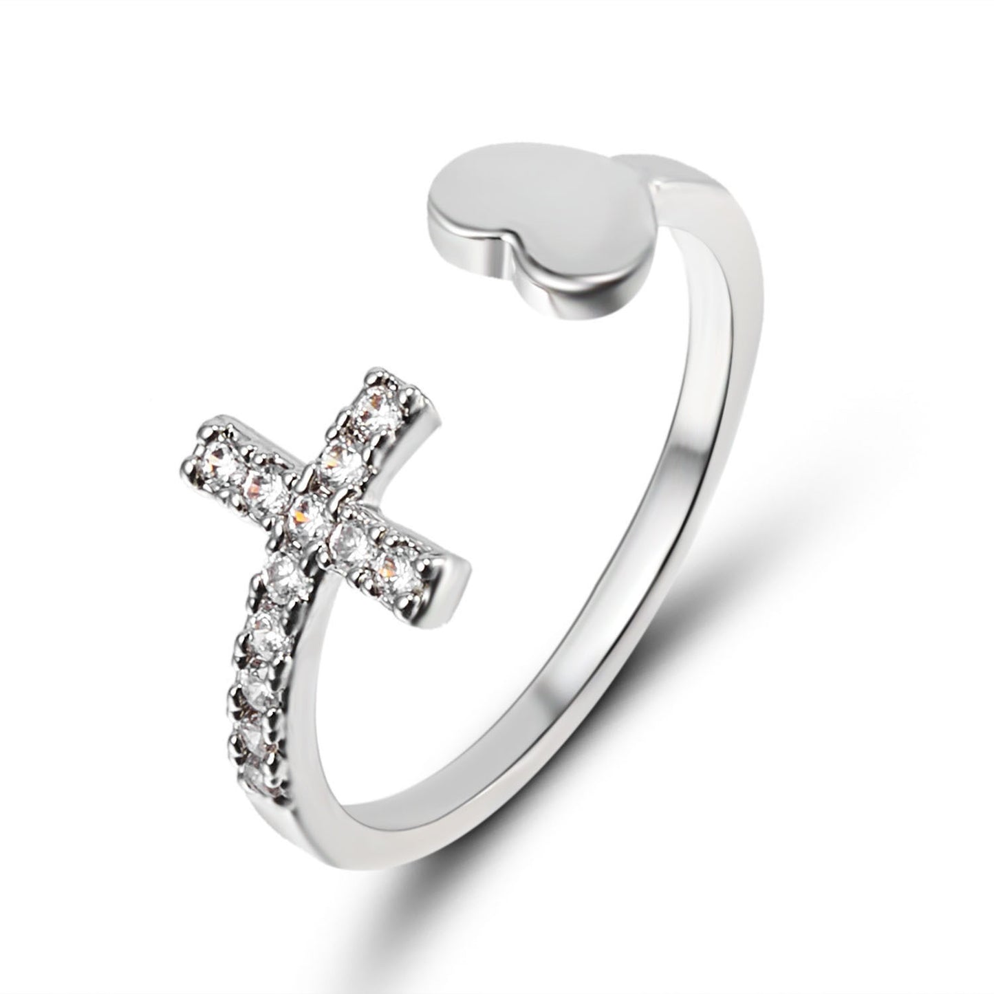 Women Adjustable Open Ring with Rhinestone Cross and Heart Diamond Accent Alloy Ring Fashion Jewelry Beautiful