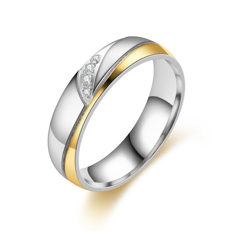 Stainless Steel Diamond Inlay Couple Ring 6mm Gold Plated Wedding Band For Him And Her Diamond Style For Pairs