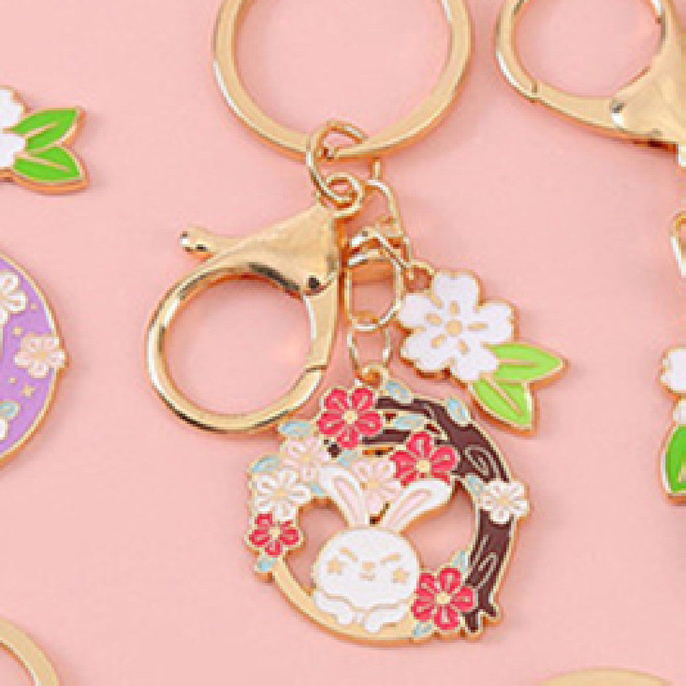 Rabbit Keychain Cartoon Keyring With Cherry Blossom Decoration Flower And Leaf Design Alloy Key Trendy Keyring