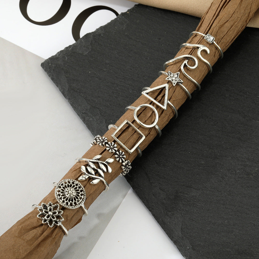 Womens Fashion Rings Geometric Hollow Flower Design Alloy Metal Electroplated Finish Statement Ring Set Flower