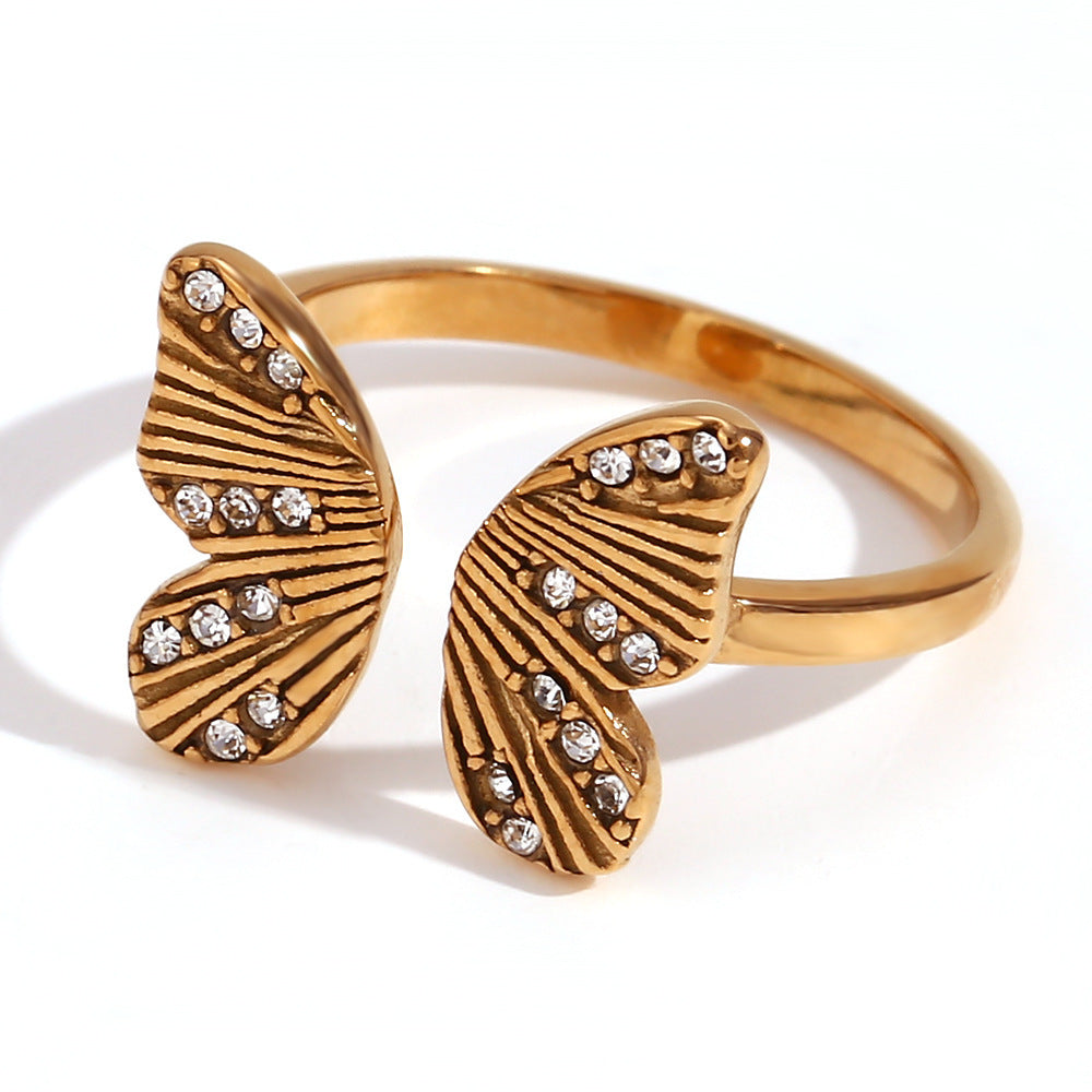 Women Stainless Steel Butterfly Ring Open Zircon Jewelry Geometry Zodiac Animal Design Ornament Everyday Style