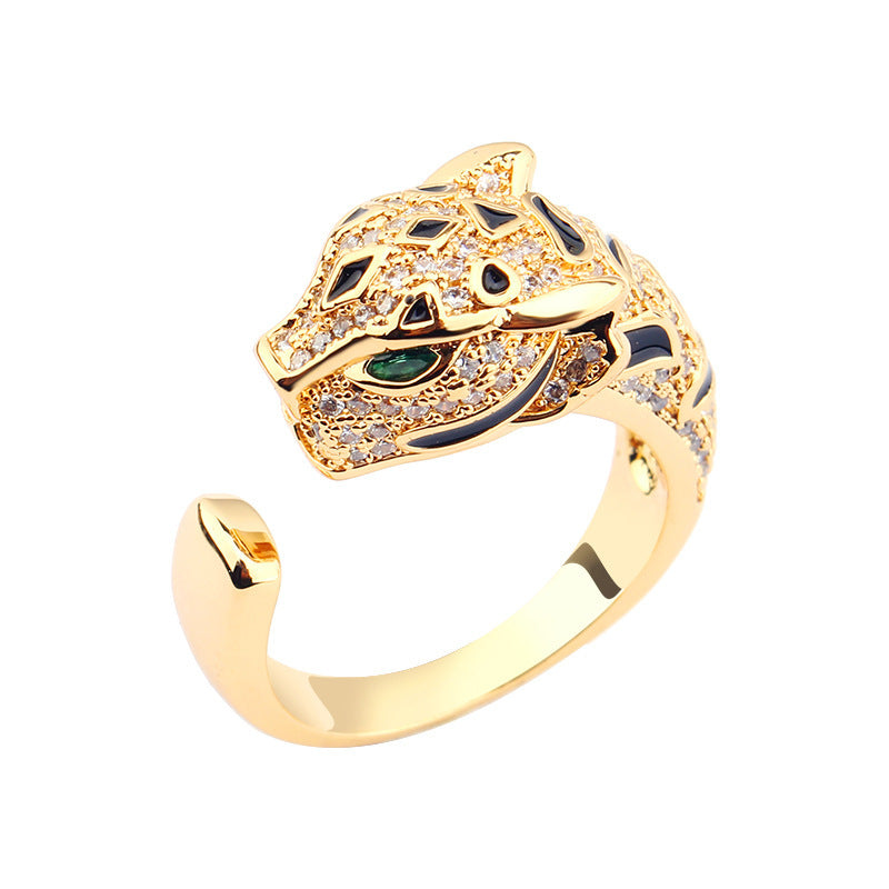 Gold Plated Leopard Head Rings for Couples Retro Adjustable Open Band with Animal DesignInnerCircumferenceSize