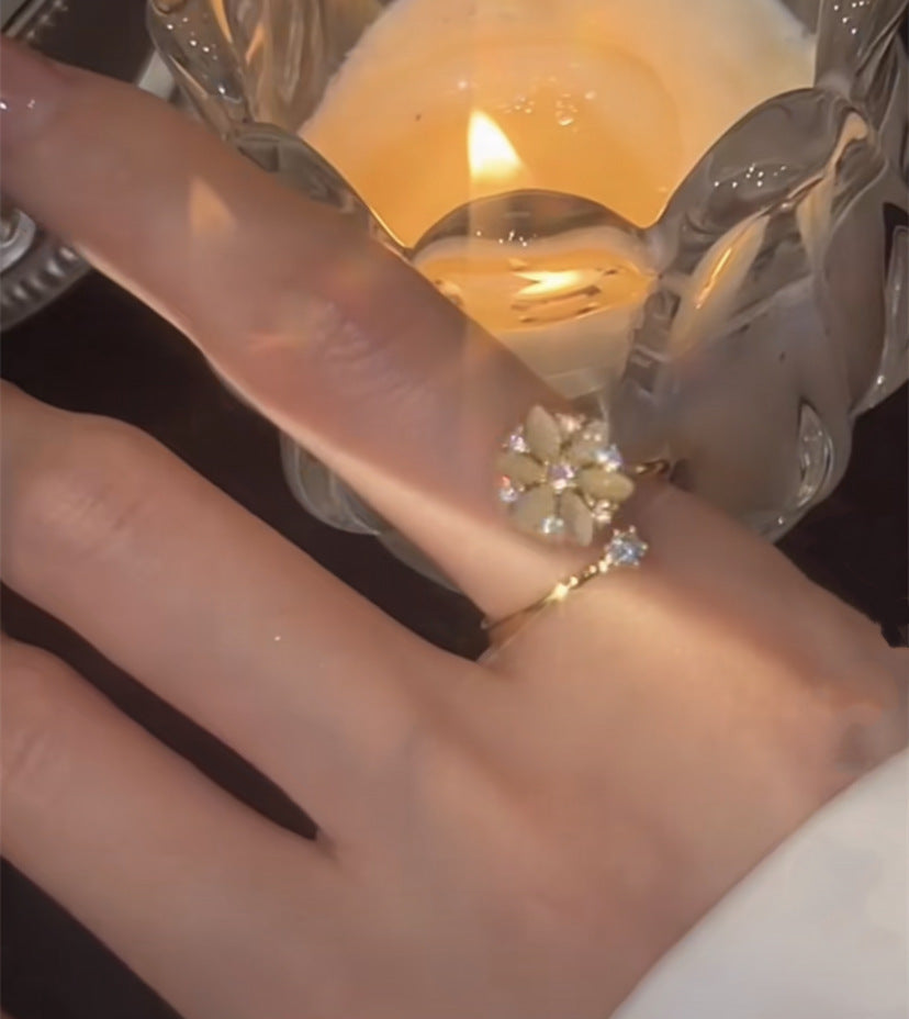 Women Opal Spinning Flower Ring Copper Zircon Accented Rotating Design Adjustable Finger Jewelry For Her Gifts