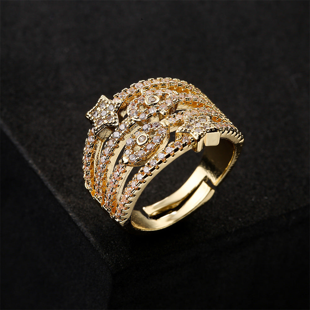 Real Gold Plated Adjustable Copper Ring For Women Open Design With Zircon Inlay Elegant Geometric European Jewelry