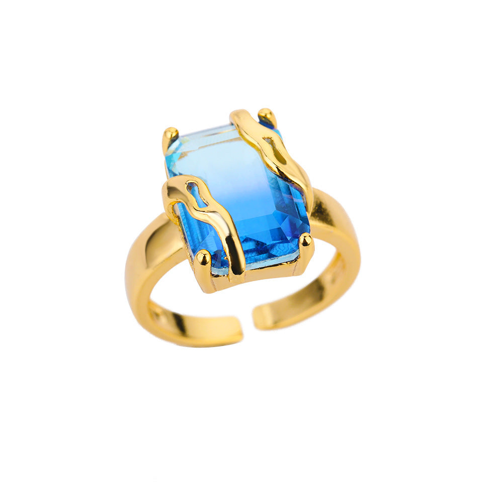 Retro Blue Zircon Ring for Women Geometric Copper Adjustable Statement Jewelry Niches Trendy Personality Rings