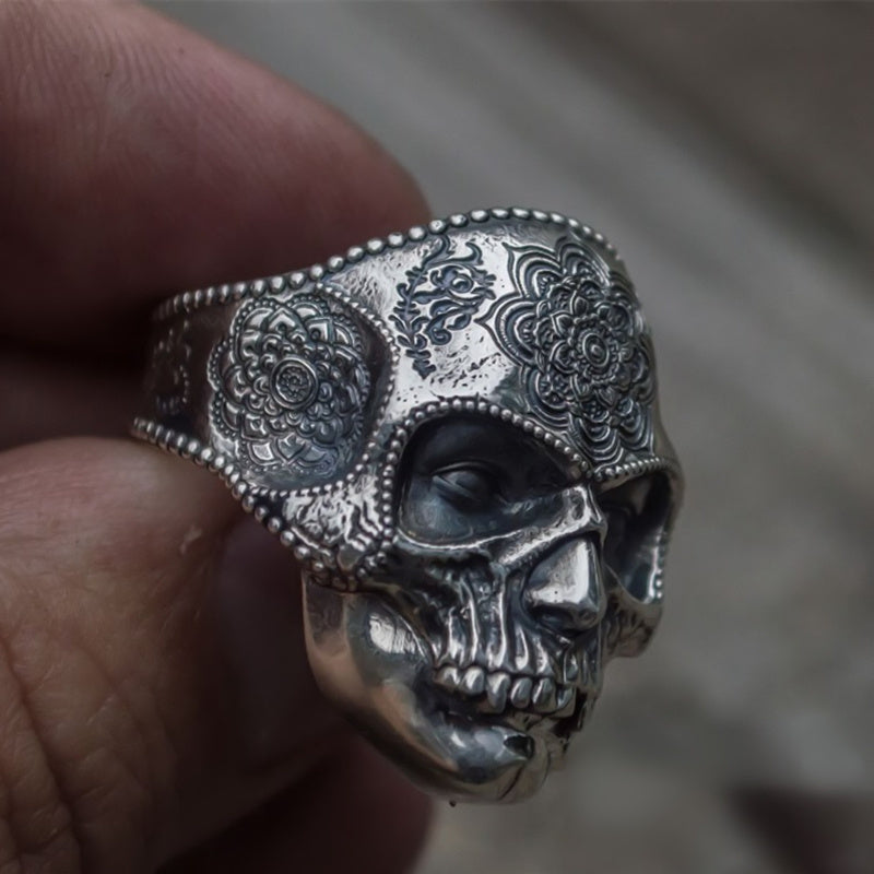 Silver Tone 316L Stainless Steel Skull Ring For Men Mandala Flower Santa Muerte Biker Jewelry For Street Style