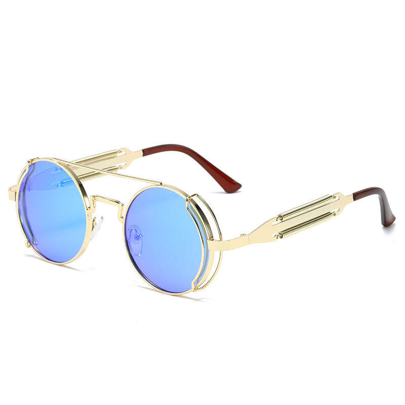 Mens Steampunk Sunglasses With Metal Frame And Plastic Accents Unique Double Spring Leg Design Fashion Eyewear Style