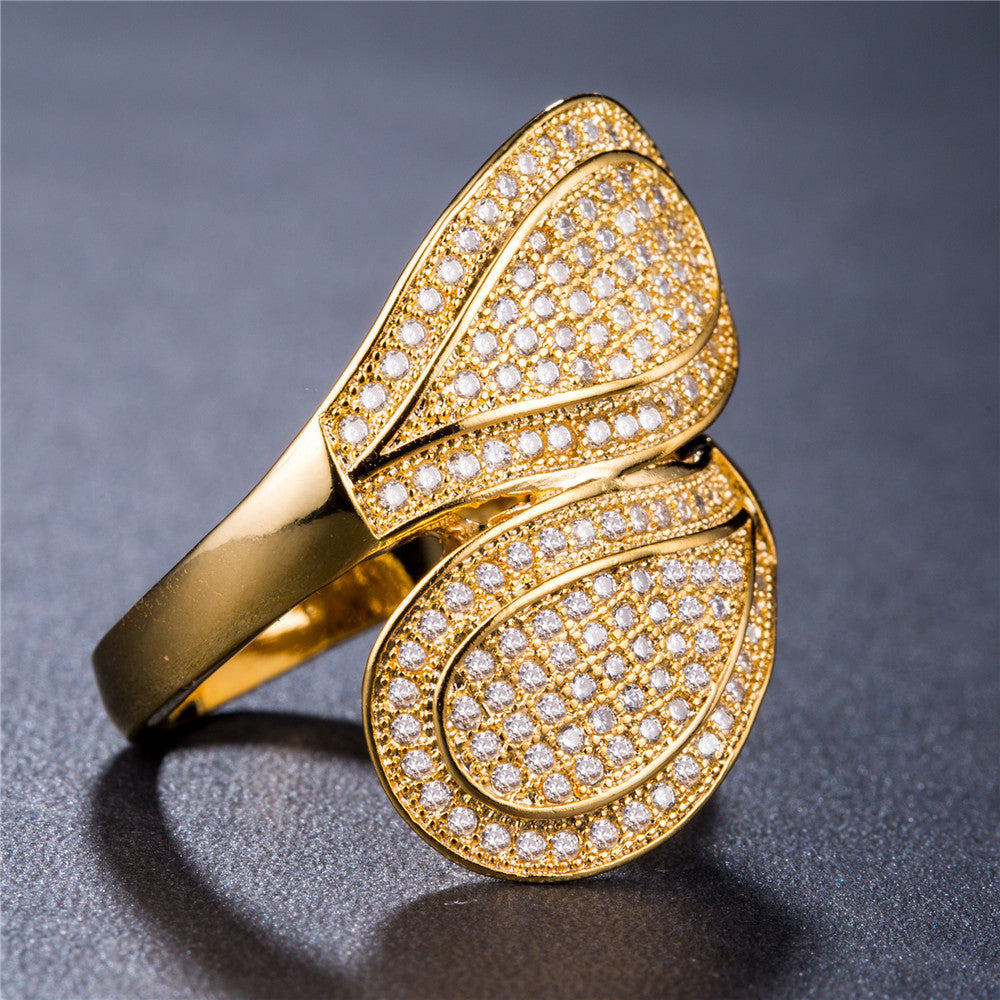 Gold Plated Leaf Ring with Zirconia Inlays and Artificial Gems for Women European American Style Elegant European Design