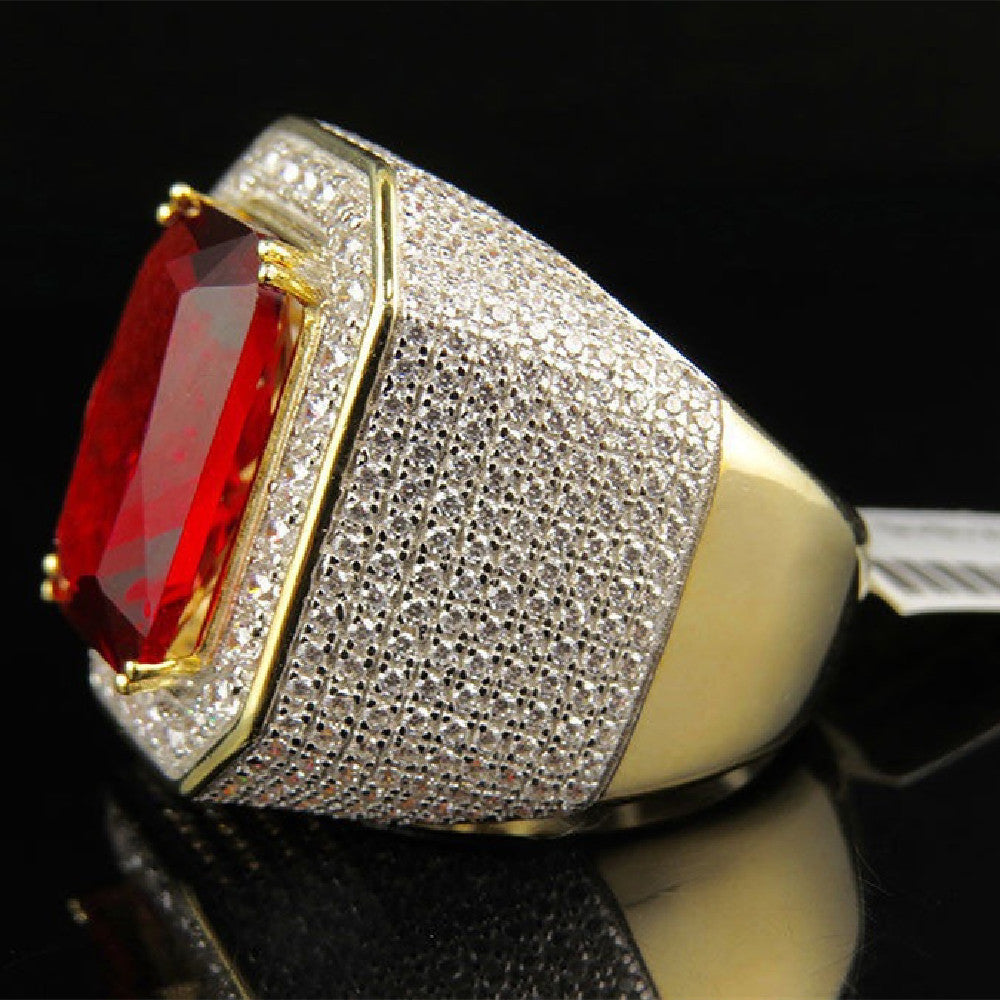 Mens Hip Hop Ring Red Corundum Zircon Inlaid Geometric Copper Gold Tone Square Jewelry Durable Everyday Styles
