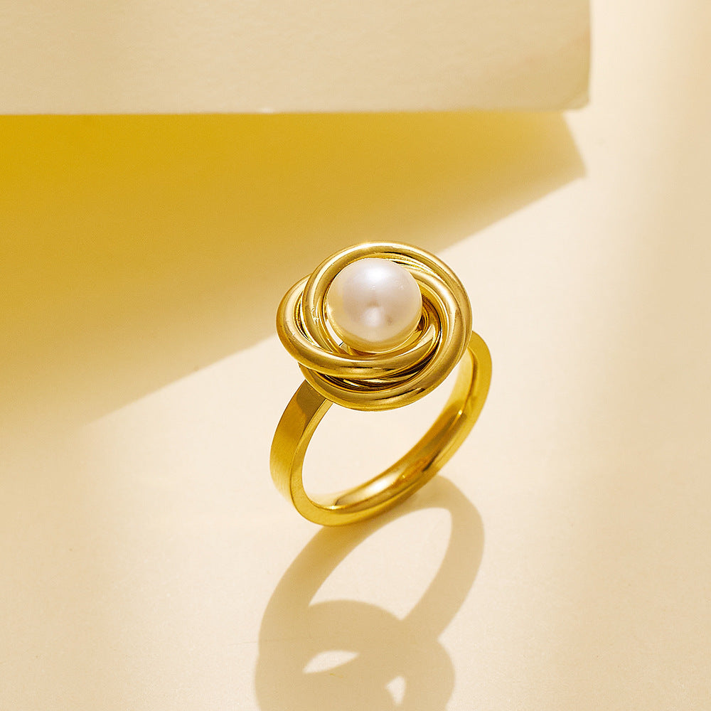 Geometric Freshwater Pearl Ring in Gold Tone Titanium Steel for Women Hypoallergenic Elegant Fashion Accessory