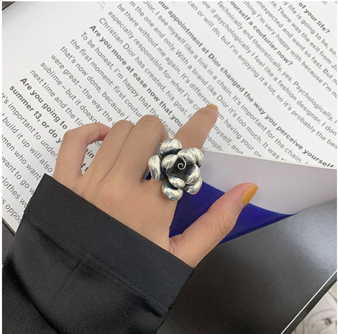 Women Retro Exaggerated Peony Flower Ring in Thai Silver Plating Vintage Style Vintage Silver Finish for Daily