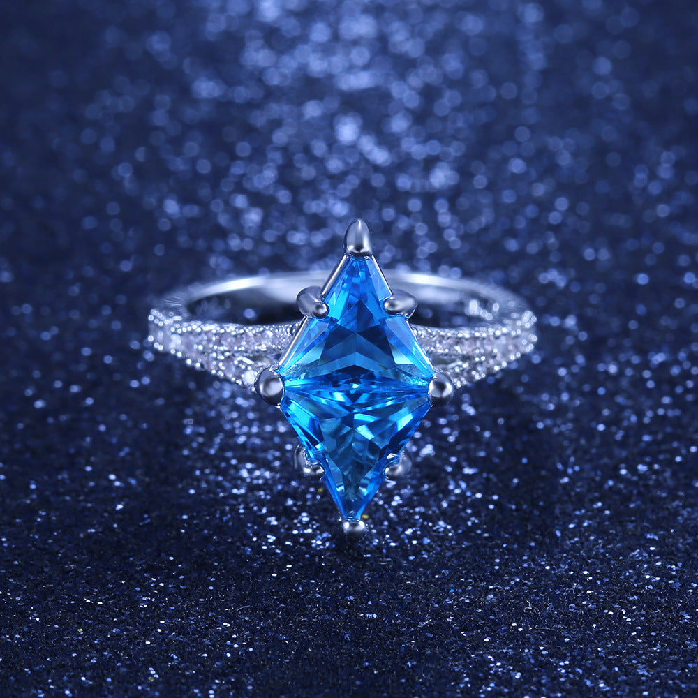 Womens Exaggerated Hollow Blue Triangle Diamond Accent Copper Geometric Ring Party Jewelry Elegant Unique Blue