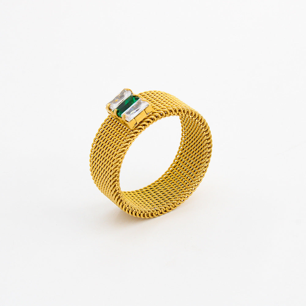 Unisex Stainless Steel Mesh Ring Inlaid Zircon Geometric Designs Electroplated Jewelry White Green Size 6 7 8 9