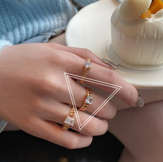 Womens Adjustable Copper Ring With European Gold Chain Baguette Design Braided Round Stone Square Gem Ring Set