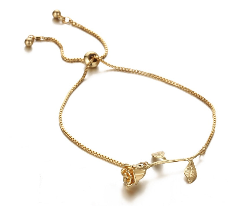 Womens Rose Bracelet Elegant Alloy Metal Electroplated Korean Design Bangle Delicate Rose Flower Adjustable Fashion