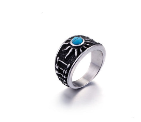 Vintage Gothic Turquoise Sun Ring Titanium Steel Casting Jewelry Statement Ring Color Size 8 9 10 11 12 Fashion