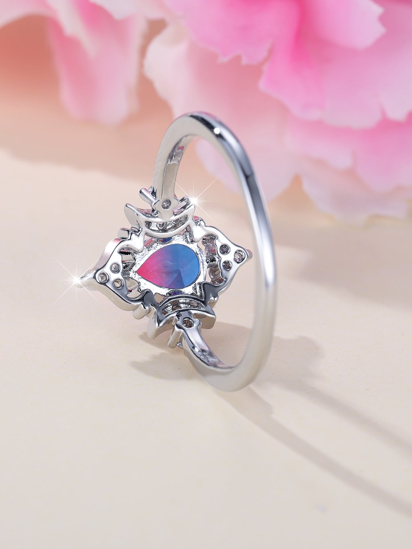 Copper Crown Ring Women Water Drop Tourmaline Style Fashionable Personality Statement Jewelry Silver Rose Blue