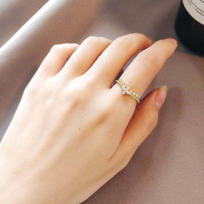 Adjustable Copper Index Finger Ring Korean Geometric Design Alloy Inlaid Gem Electroplated Gold Rose Finish Shine Style