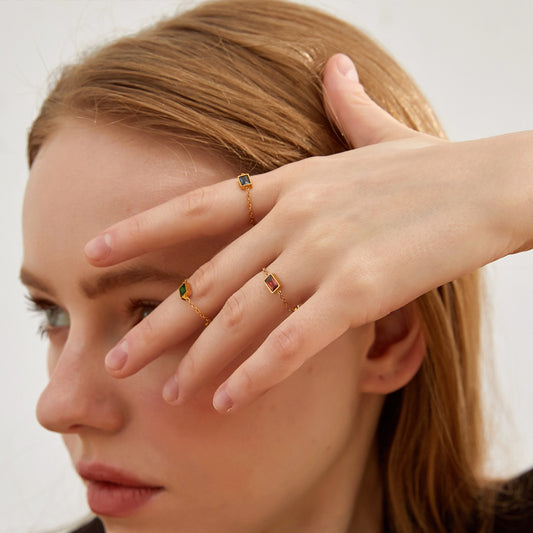 Womens Adjustable Chain Ring with Inlaid Zircon Square Diamond Red Black Titanium Steel Jewelry Bead 4mm Size