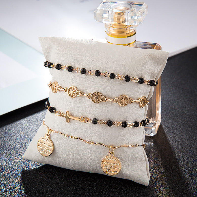 Unisex Four Piece Alloy Bracelet Set With Cross And Disc Continental Style Electroplated Travel Promotions Gift