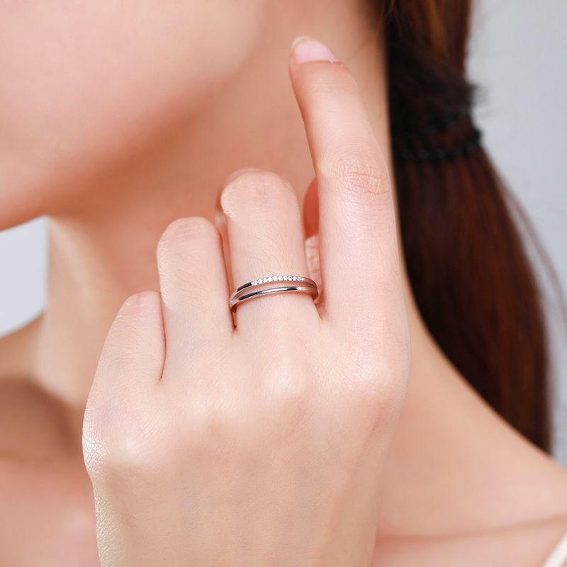 Womens Double Line Ring With Micro Diamond Accent In 925 Sterling Silver Adjustable Opening US Sizes Five To 9