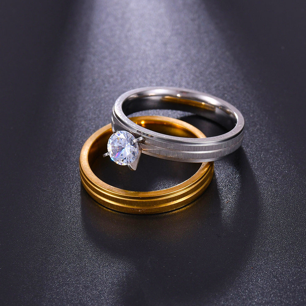 Couple Rings Titanium Steel Crown Ring Set Gold Inlaid Gemstones Korean Style Wedding Bands His Hers Free Ship