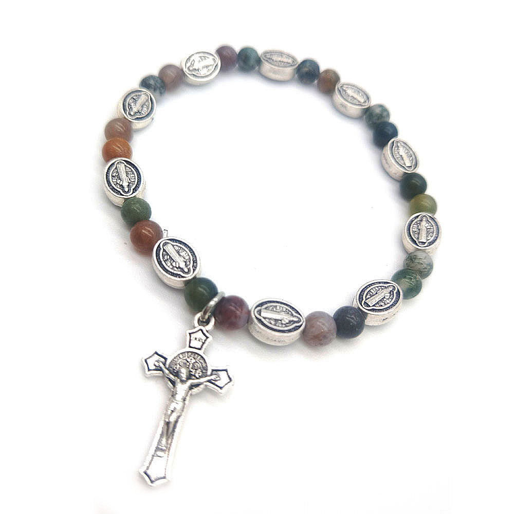 Unisex Rosary Bracelet Indian Agate Cross Beaded Religious Totem Accessory Fashion Jewelry For Men Daily Wear Ready