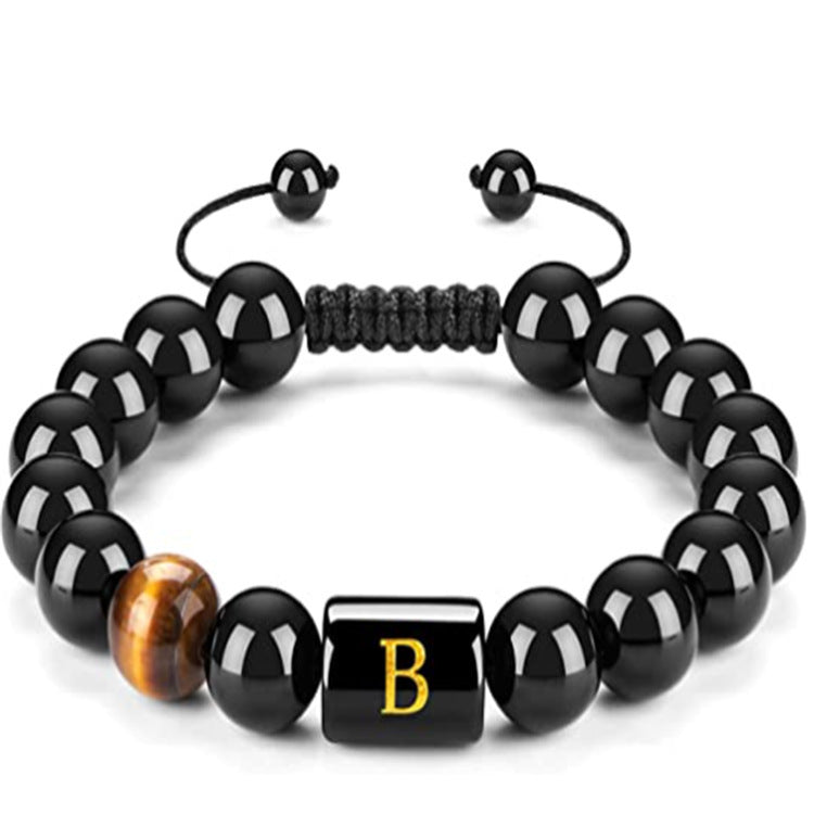 Mens Natural Black Agate 10mm Beads Handmade Initial Letter Bracelet Personalized Gift for Men Letter A Shape Letter