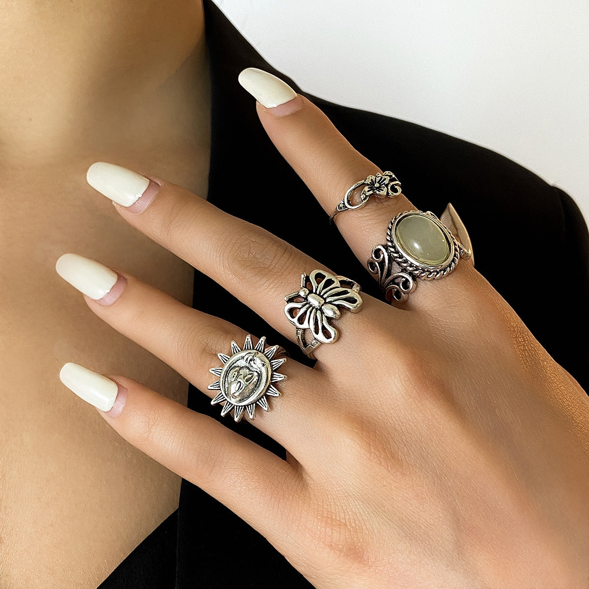 Retro Ethnic Sun Relief Butterfly Ring Set 4 Piece For Women Antique Silver Finish Jewelry For Daily Wear Plus