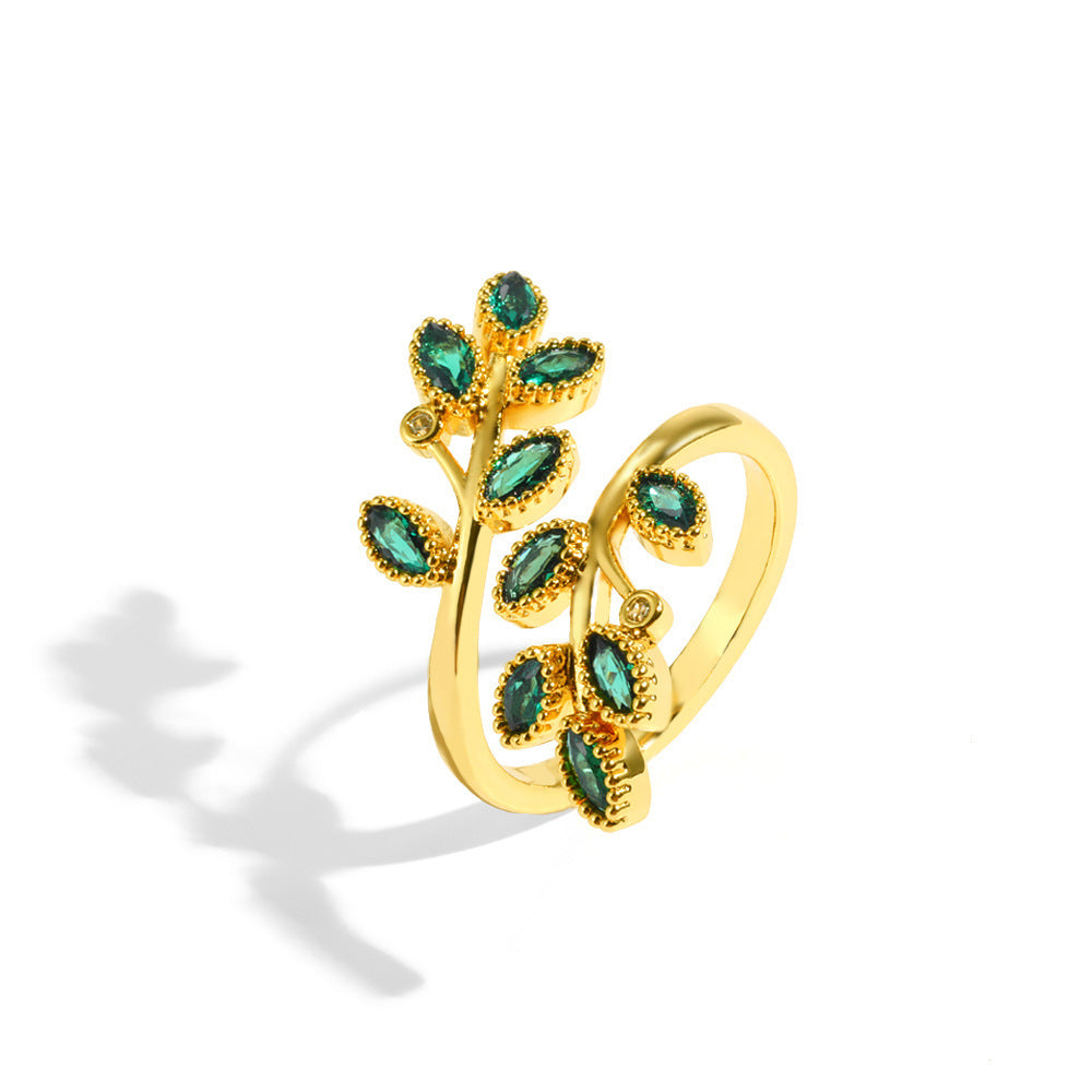 Zircon Leaf Cross Ring For Women Adjustable Switchable Index Finger Gold Plated Ornament With Elegant Sparkles