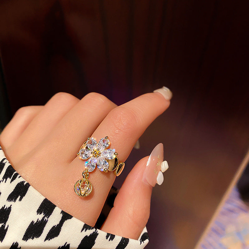 Gold Electroplated Diamond Flower Ring For Women Adjustable