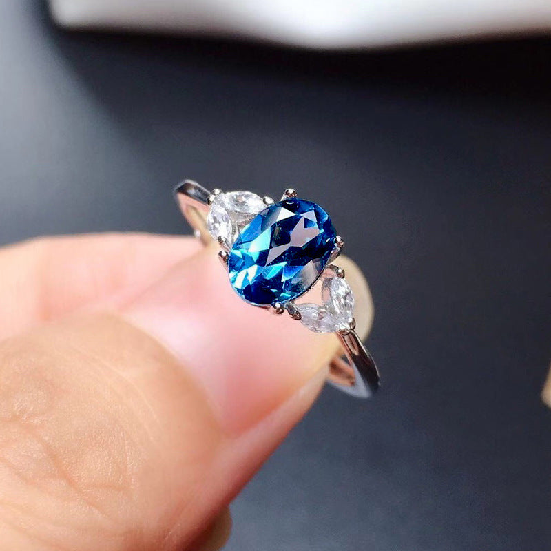 Adjustable Copper Ring With Dark Blue Artificial Sapphire Korean Fashion Geometric Exquisite Design Elegant Fit