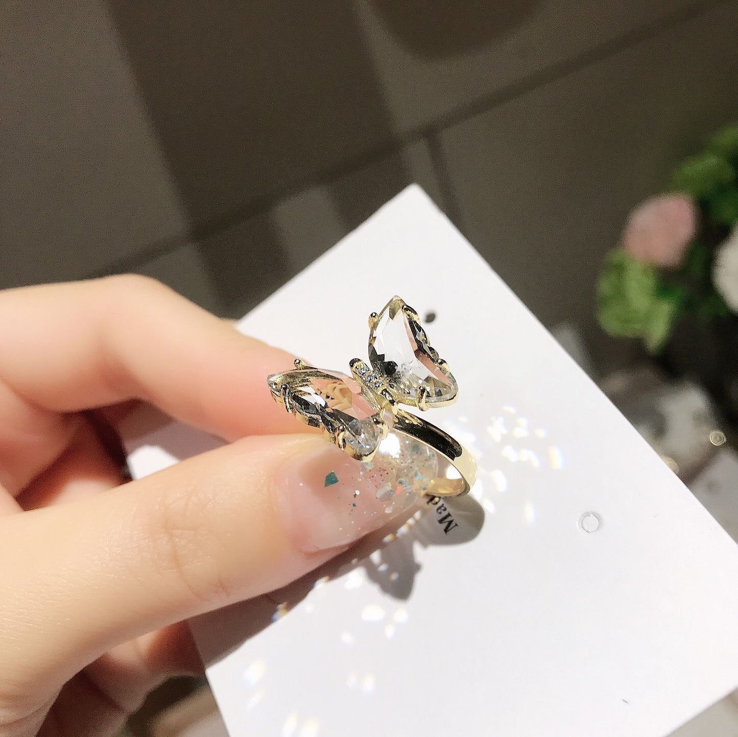 Womens Butterfly Ring Adjustable Crystal Inlay Alloy Insect Jewelry Korean Style Fashion Accessory Ladies Gift