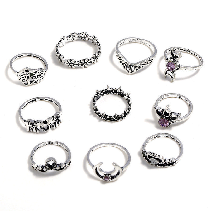 Women Geometric Alloy Ring Gold Plated With Artificial Gemstone Inlay And Ancient Silver Finish European Style