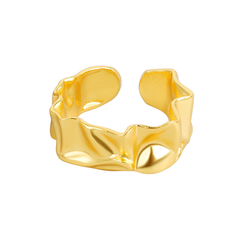 Womens Adjustable Copper Ring Geometric Design Irregular Fold Texture Electroplated Gold Finish Fashion Design