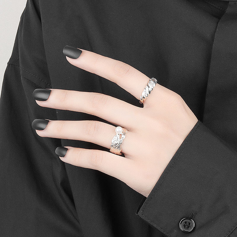 Women's Adjustable Pearl Ring Trendy Irregular Bump Tin Foil Copper Geometrical Jewelry Pearl Inlay White Gold