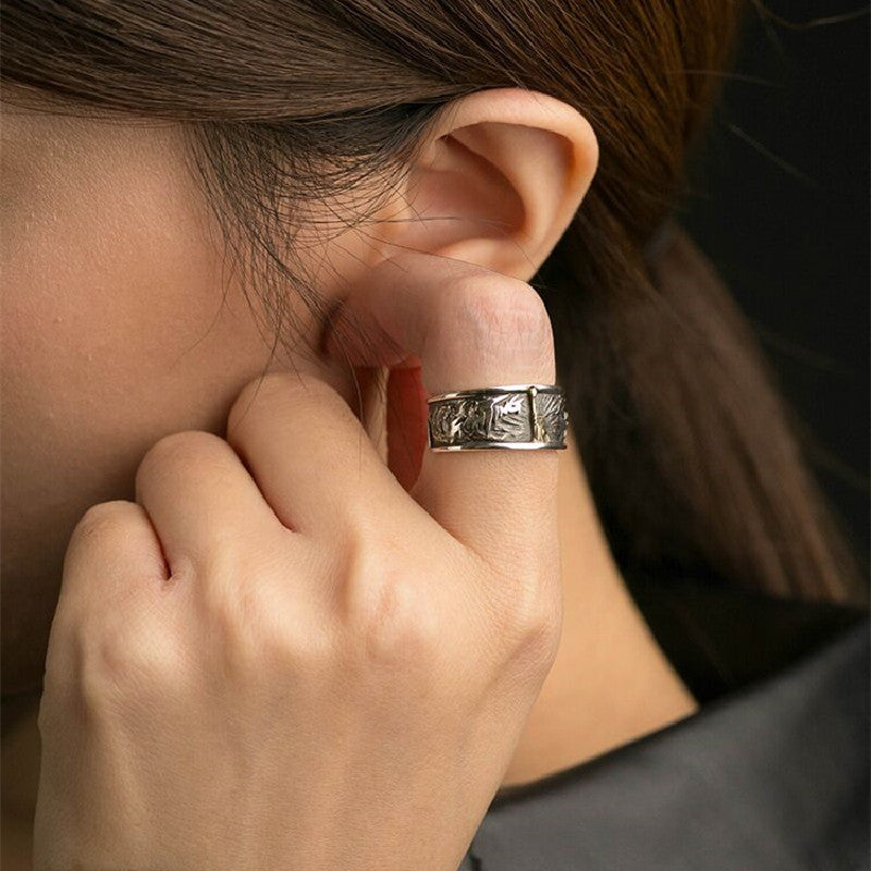 Womens Copper Ring Adjustable Vintage Geometric Shape European Retro Victory Letter Dark Vintage Fit 10mm Open