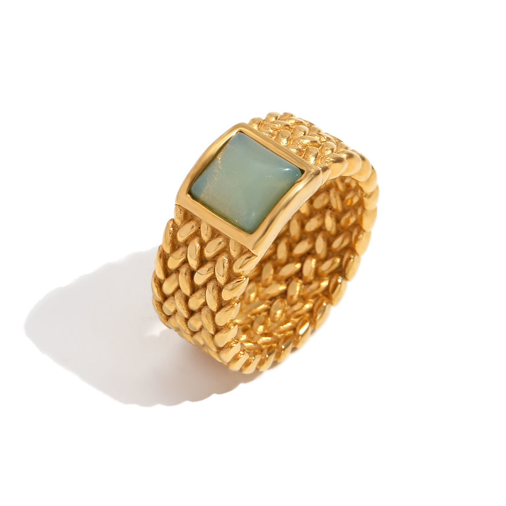 Vintage Stainless Steel 18K Gold Plating Woven Square Natural Stone Ring