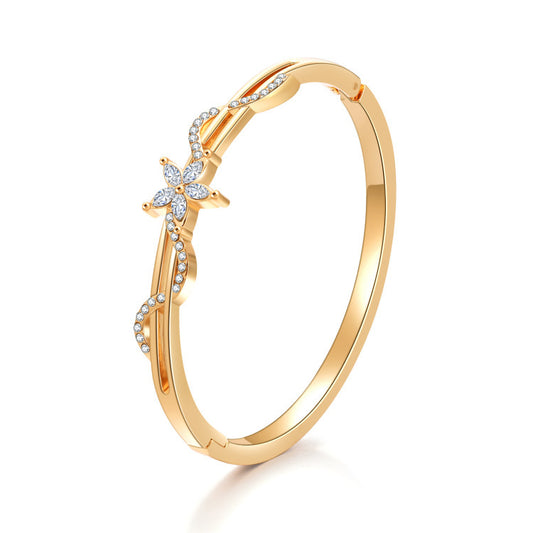 Womens Diamond Studded Bracelet Rhinestone Alloy Flower Design Electroplated Jewelry Elegant Accessory For Daily Wear