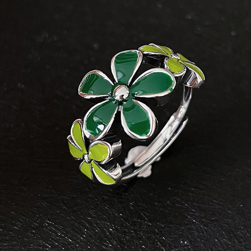 Enamel Green Flower Ring Adjustable Copper Jewelry Gift