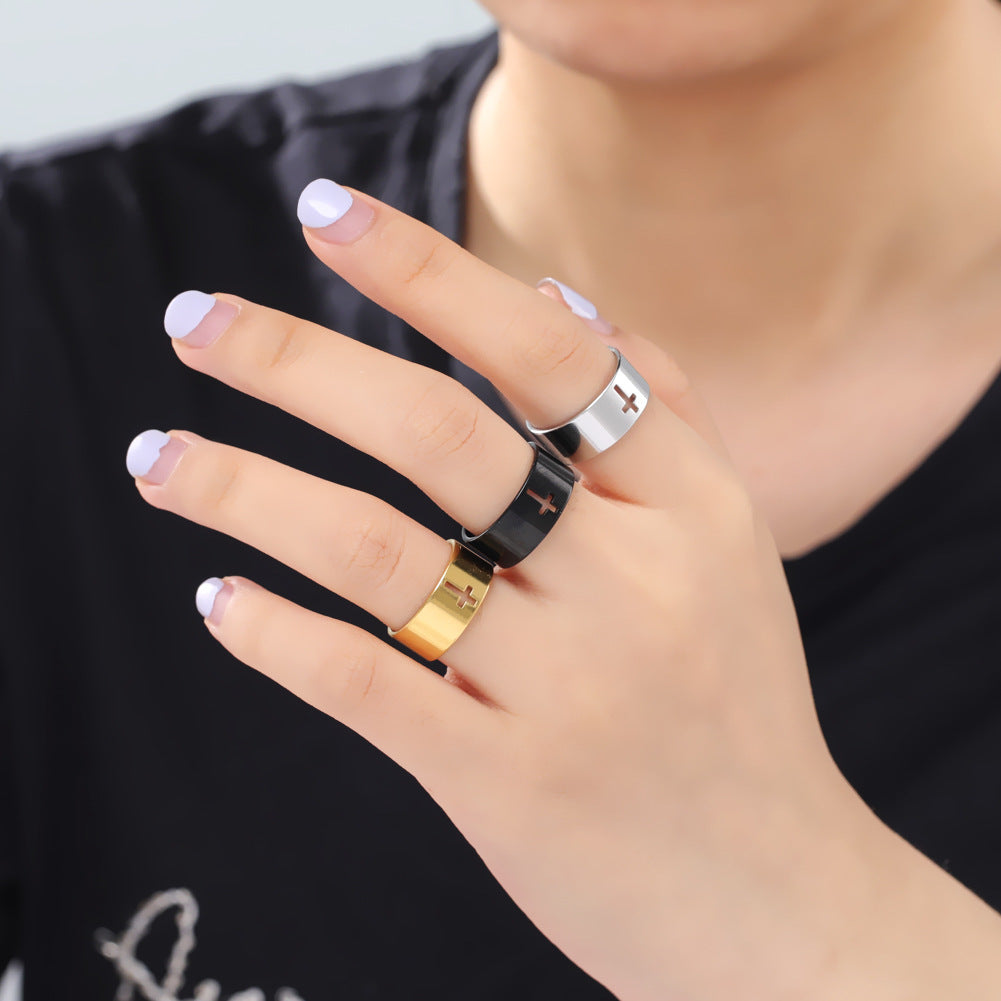 Unisex Hollow Cross Stainless Steel Ring Electroplated