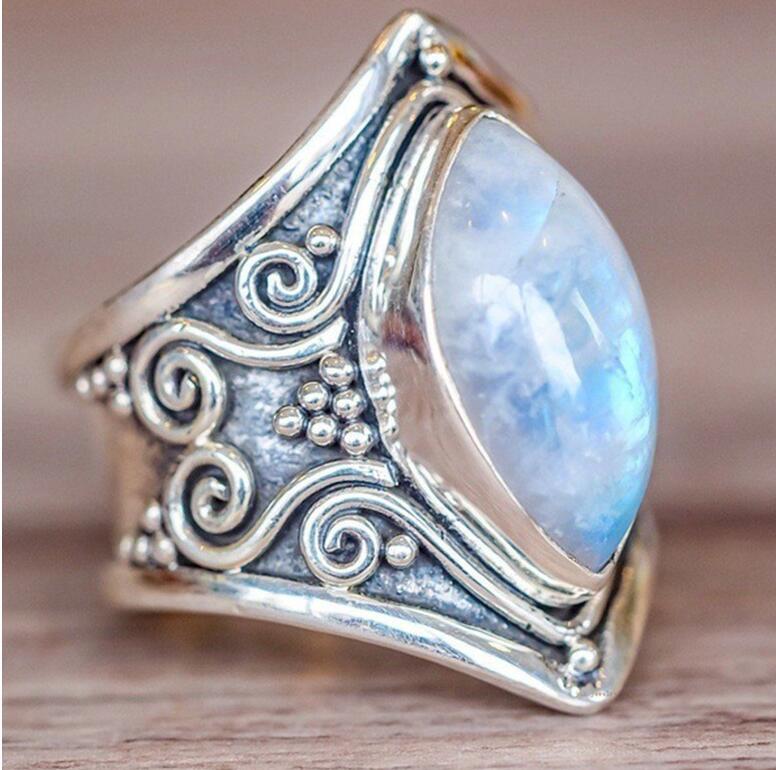 Women's Moonstone Silver Ring Retro Punk Exaggerated Hand Jewelry Statement Accessory Bold Fashion Retro Charm