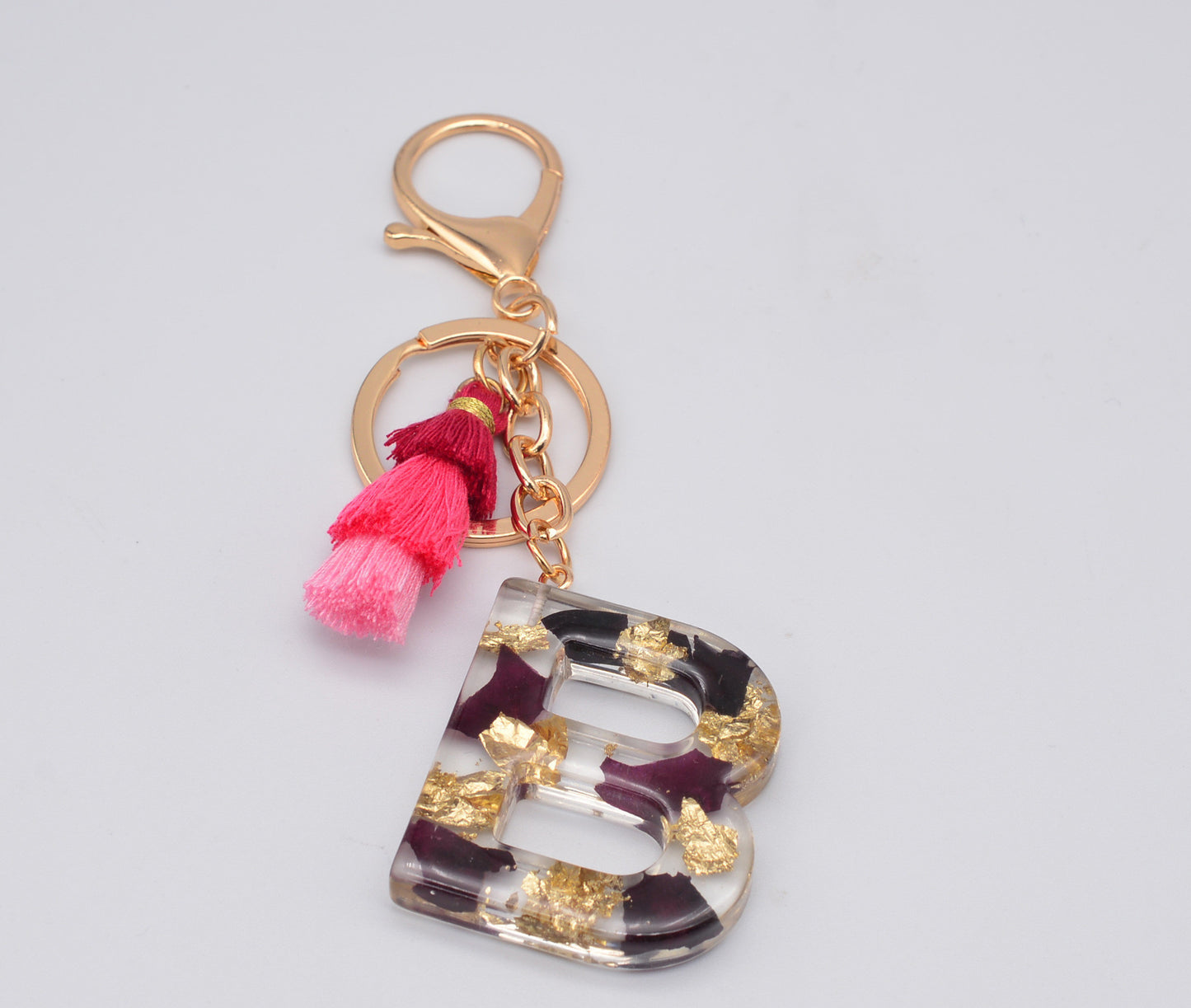Resin Floral Keychain With Tassel Pendant Black Rose Design Durable Craftsmanship Initial Letter Bag Accessory