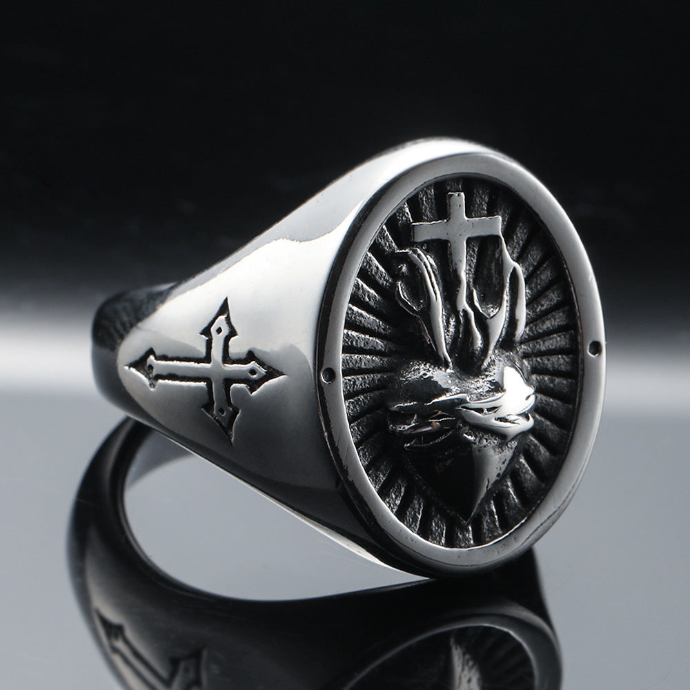 Mens Titanium Steel Ring Cross Heart Nordic Punk Retro Style Geometric Jewelry For Men Sizes 7 8 9 10 11 12 13