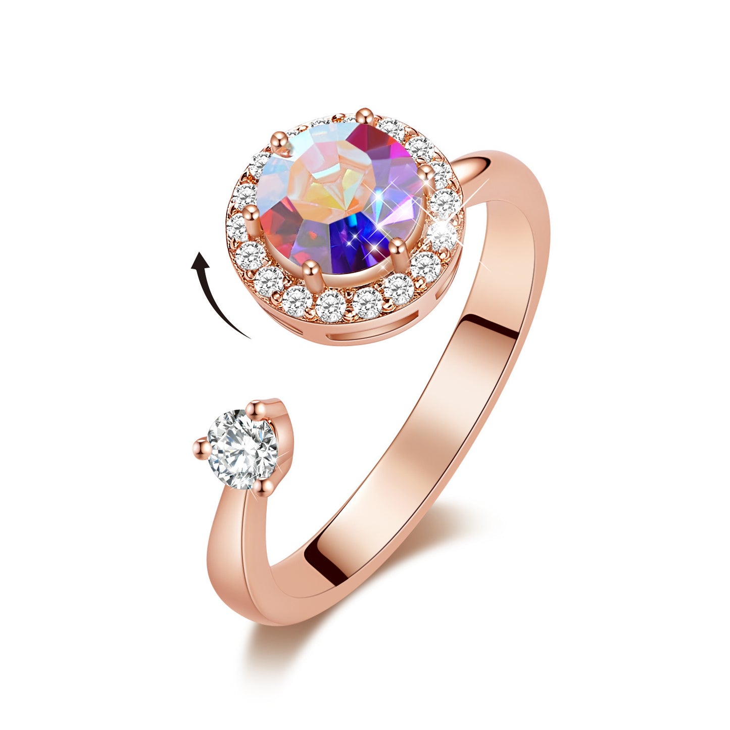 Ladies Rotating Crystal Inlay Ring With Copper Band Adjustable European American Style Jewelry Elegant Shimmer
